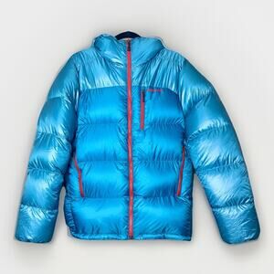 Patagonia Packable Fitz Roy Down Parka Jacket Men’s Med Hood Ice Blue Red Zipper